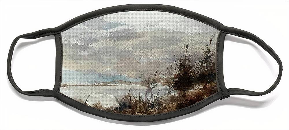 A Frozen Lake With Shoreline Trees. Face Mask featuring the painting Winter Lake by Monte Toon