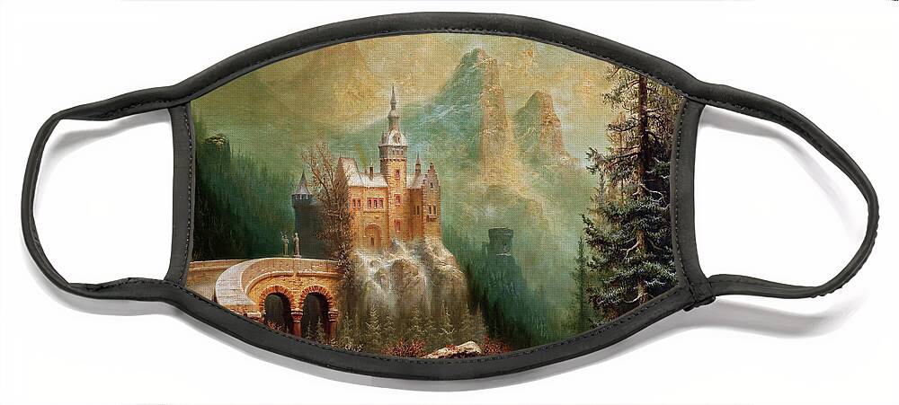 Winter Landscape With Castle In The Mountains Face Mask featuring the painting Winter Landscape With Castle In The Mountains by Albert Bredow by Xzendor7