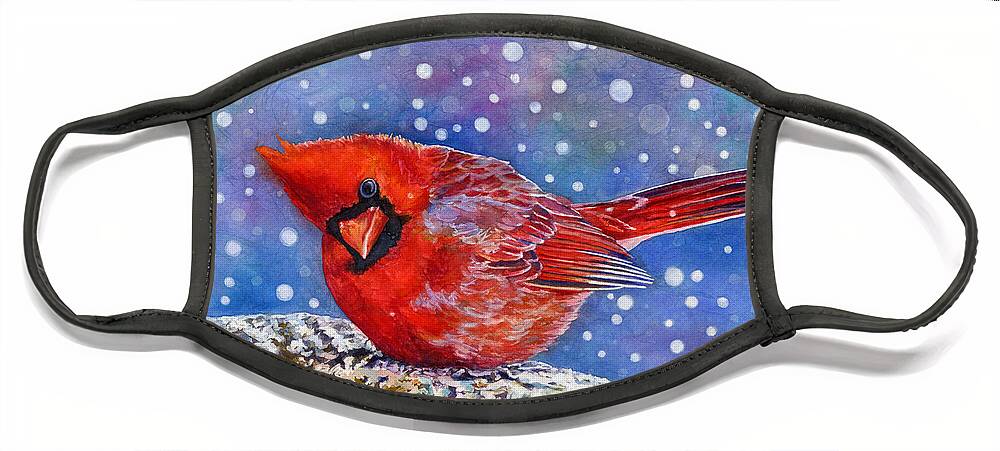 Red Cardinal Face Mask featuring the painting Winter Quietude by Hailey E Herrera