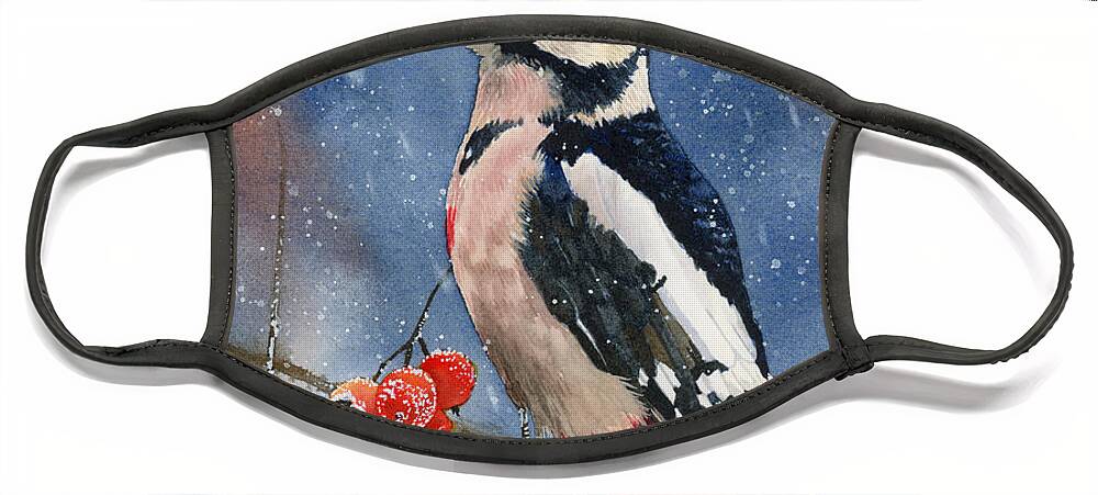 Bird Face Mask featuring the painting Winter Woodpecker by Espero Art