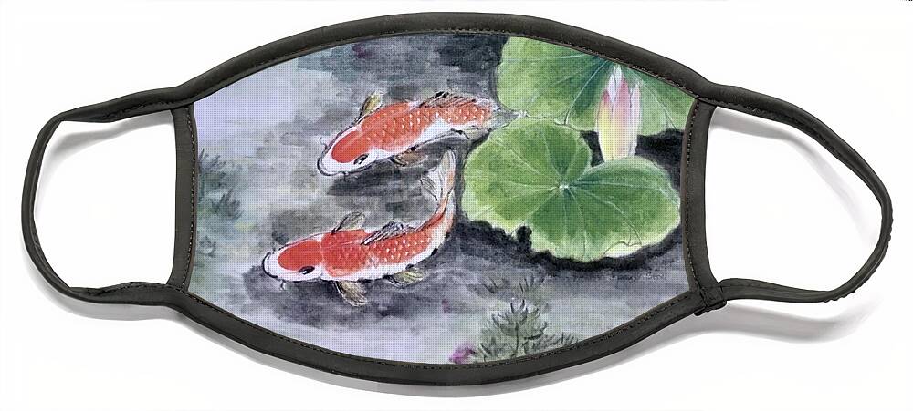 Koi Fish Face Mask featuring the painting Wishful - 3 by Carmen Lam