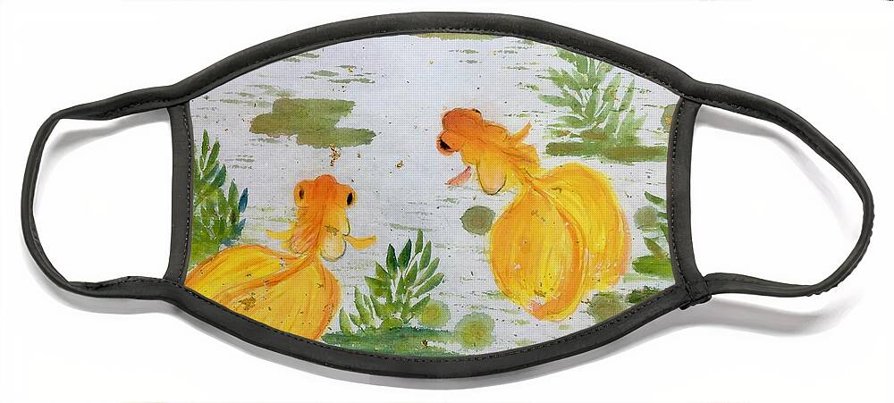 Golden Fishes Face Mask featuring the painting Wishful - 4 by Carmen Lam