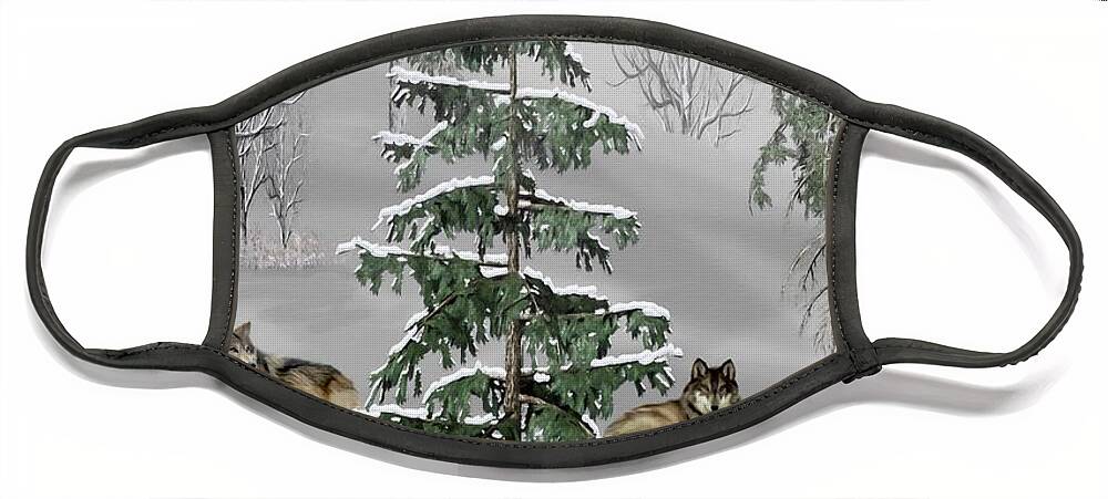 Wolf Face Mask featuring the mixed media Wolves In The Winter Forest Color by David Dehner