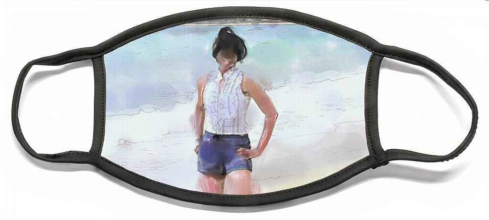 Beach Face Mask featuring the digital art Woman on the Beach Watercolor by Tanya Owens