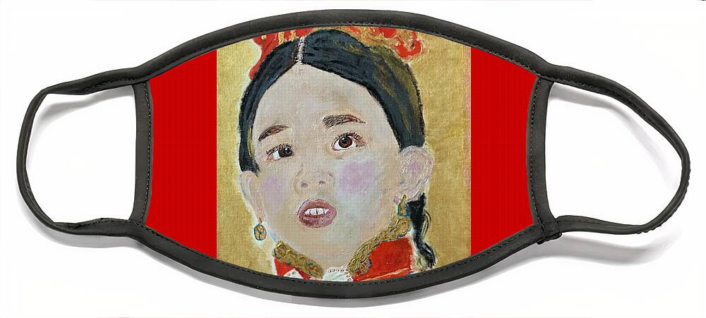 Girl Face Mask featuring the painting Asian Girl At Chinese New Year Eyes Full Of Wonder by Melody Fowler