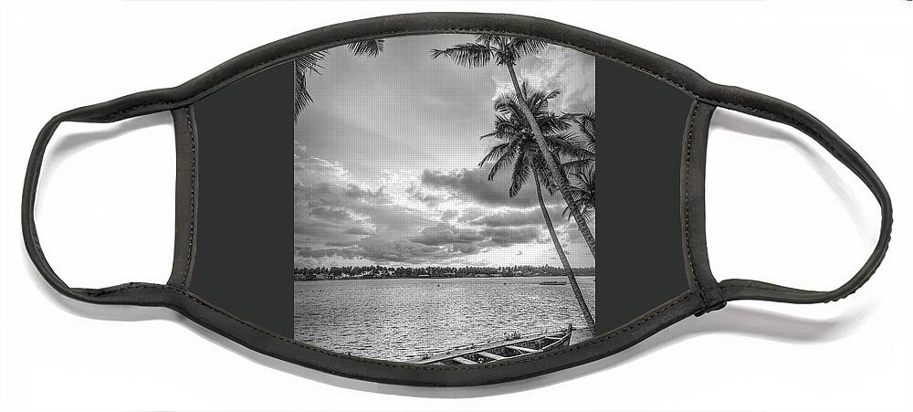 African Face Mask featuring the photograph Wooden Boat on the Beach Black and White by Debra and Dave Vanderlaan
