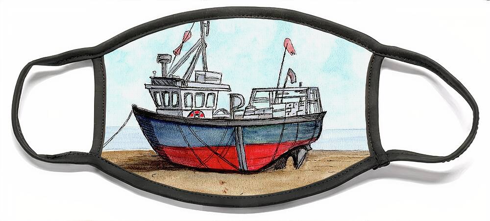 Colorful Wooden Fishing Boat Face Mask featuring the painting Wooden Fishing Boat on the Beach by Donna Mibus