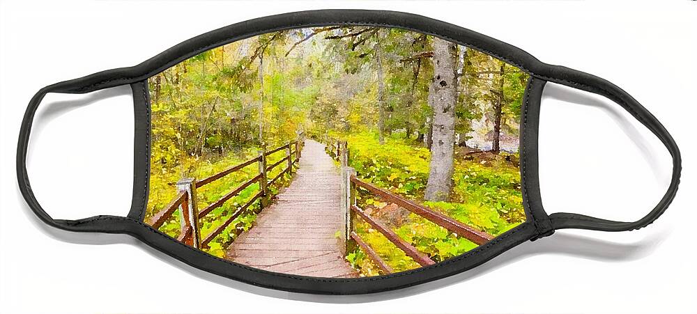 Travel Destination Face Mask featuring the mixed media Wooden Trail at Gooseberry Falls Watercolor by Susan Rydberg
