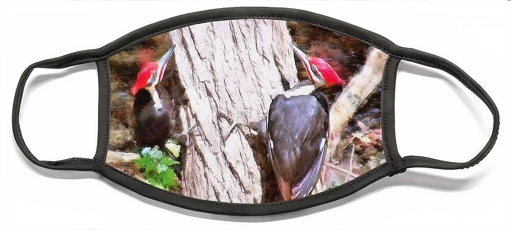 Woodpeckers Face Mask featuring the mixed media Woodpeckers by the Stream by Christopher Reed