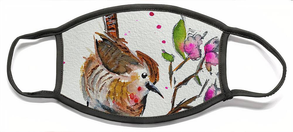 Wren Bird Face Mask featuring the painting Wren in a Cherry Blossom Tree by Roxy Rich