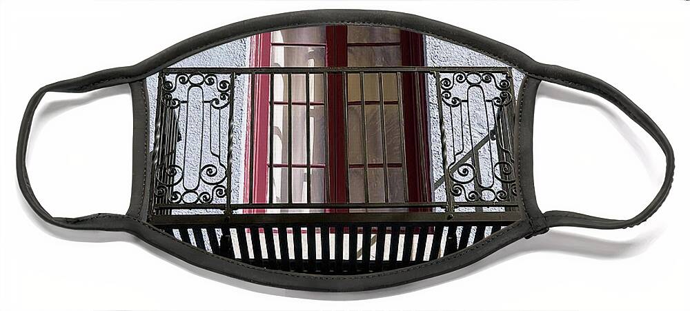 Fort Myers Face Mask featuring the photograph Wrought Iron Balcony Red Door by David T Wilkinson