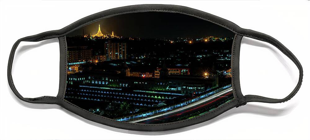 Shwedagon Face Mask featuring the photograph Yangon Cityscape at Night by Arj Munoz
