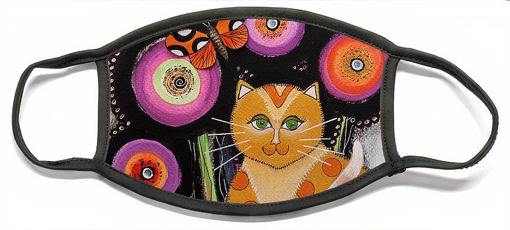 Cat Face Mask featuring the painting Yellow cat with Flowers by Graciela Bello