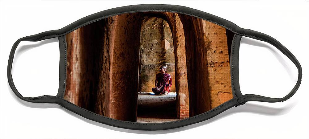 Buddhist Face Mask featuring the photograph Young Buddhist Monk Praying by Arj Munoz