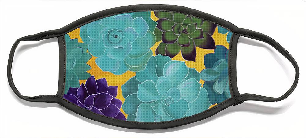 Zen Succulent Garden Flower Large Acrylic Green Purple Turquoise Face Mask featuring the painting Zen Succulent Garden by Laurel Best