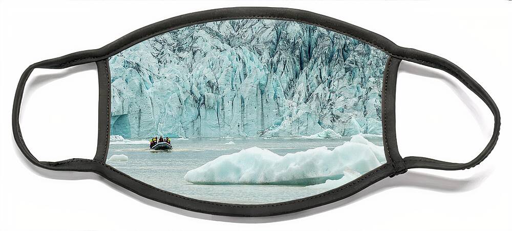 Iceland Face Mask featuring the photograph Zodiac boat in Fjallsarlon glacier lagoon, Iceland by Delphimages Photo Creations