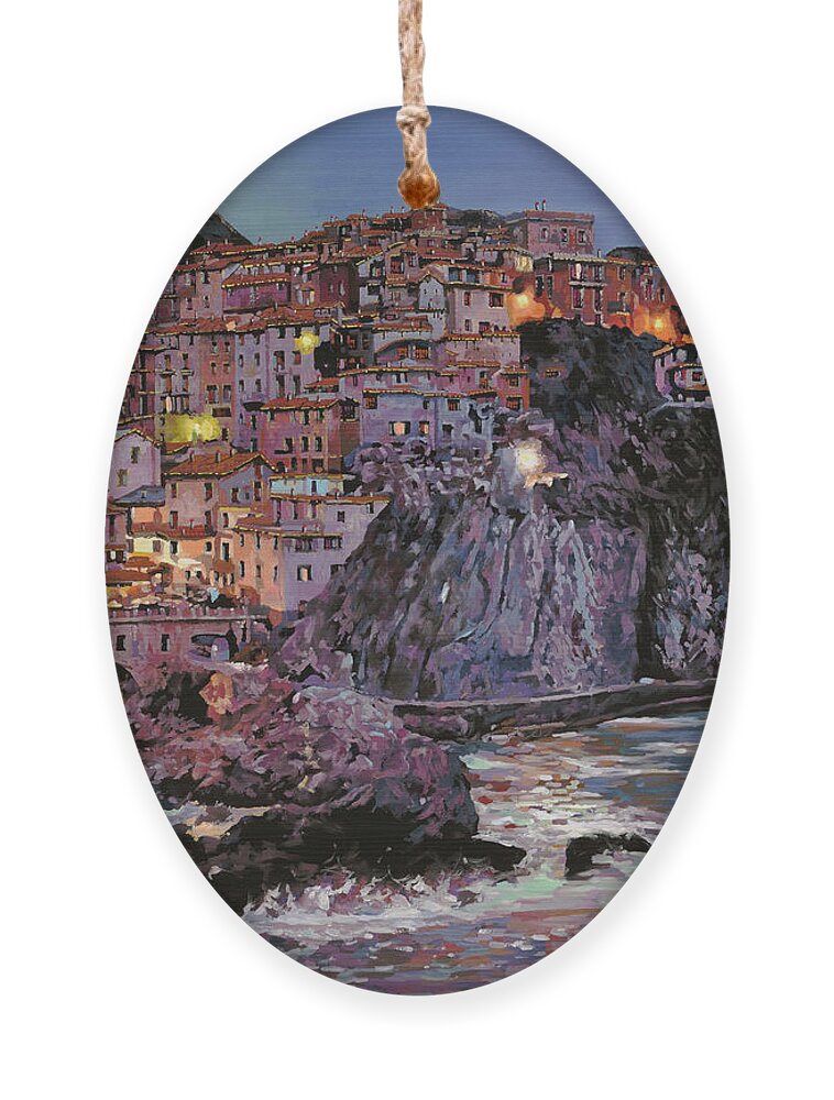 Manarola Ornament featuring the painting Manarola al crepuscolo by Guido Borelli
