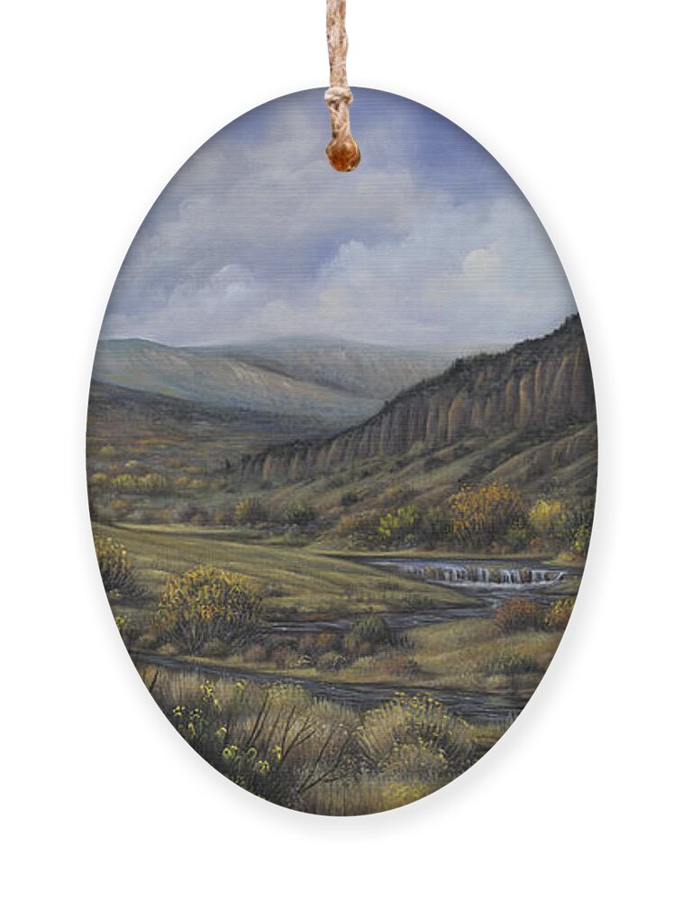 Southwest-landscape Ornament featuring the painting Tres Piedras by Ricardo Chavez-Mendez