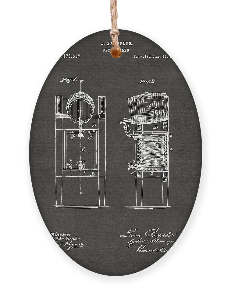 Beer Ornament featuring the digital art 1876 Beer Keg Cooler Patent Artwork - Gray by Nikki Marie Smith