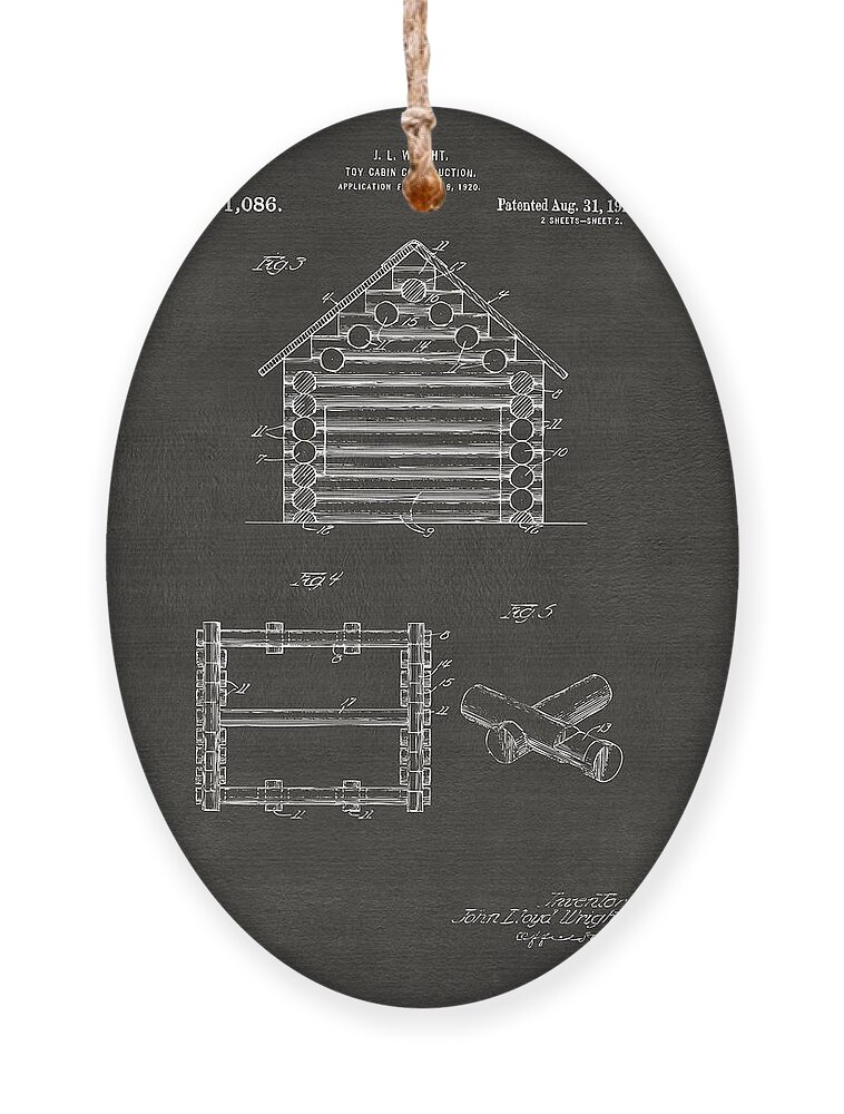 Lincoln Logs Ornament featuring the digital art 1920 Lincoln Log Cabin Patent Artwork - Gray by Nikki Marie Smith