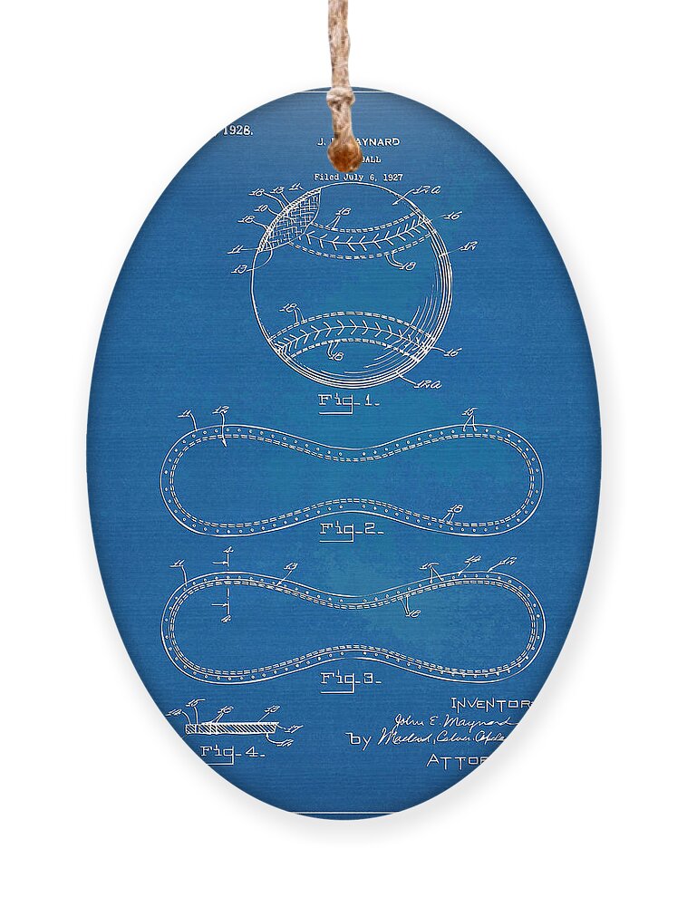 Baseball Ornament featuring the digital art 1928 Baseball Patent Artwork - Blueprint by Nikki Smith