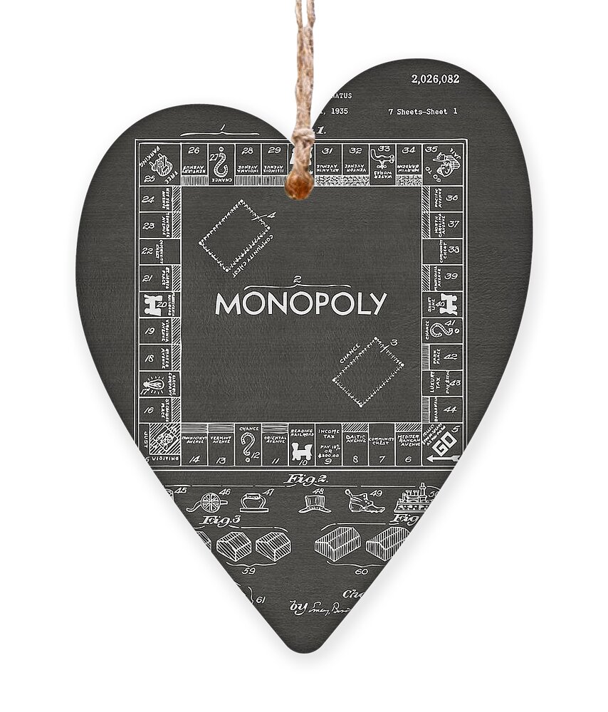 Monopoly Ornament featuring the digital art 1935 Monopoly Game Board Patent Artwork - Gray by Nikki Marie Smith