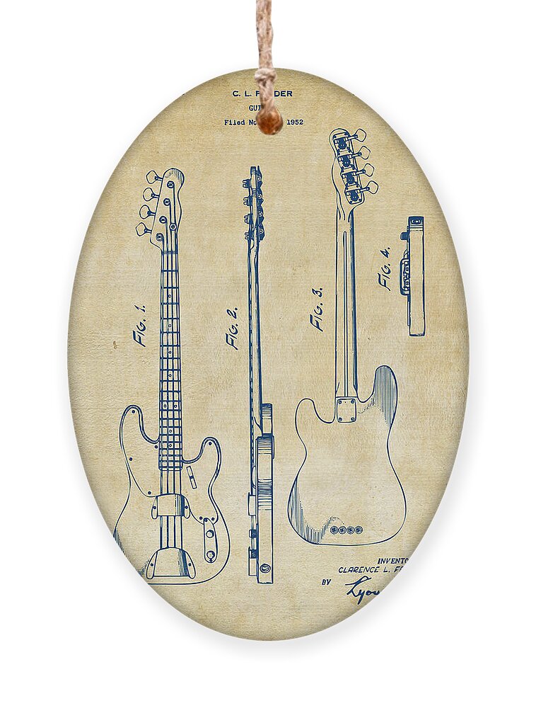 Fender Guitar Ornament featuring the digital art 1953 Fender Bass Guitar Patent Artwork - Vintage by Nikki Marie Smith
