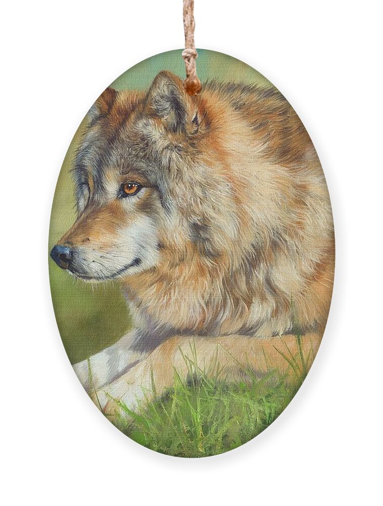 Wolf Ornament featuring the painting Grey Wolf #2 by David Stribbling