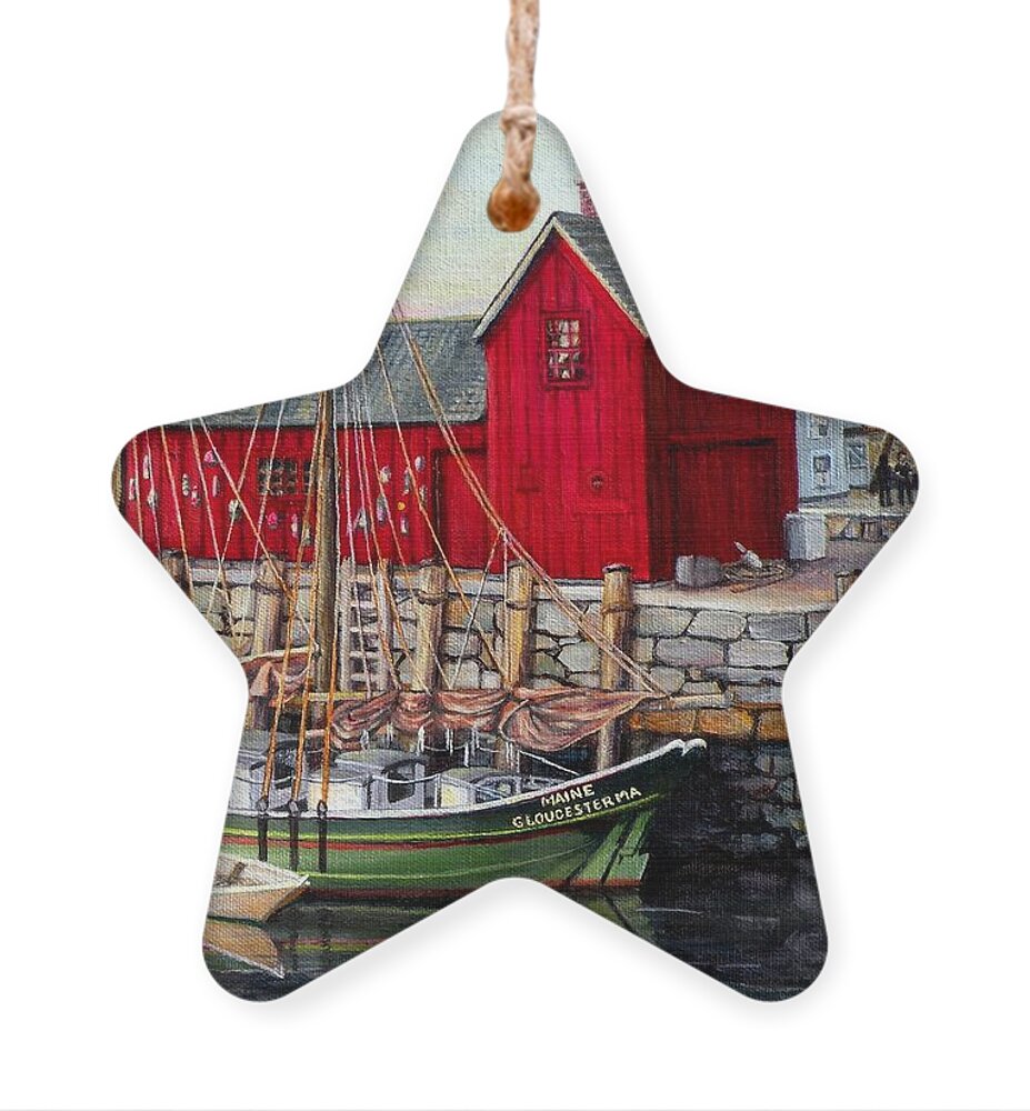 Rockport Ornament featuring the painting Motif # 1, Rockport, MA by Eileen Patten Oliver