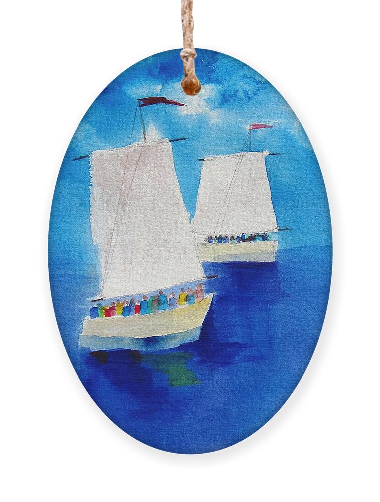 Sailboats Ornament featuring the painting 2 Sailboats by Carlin Blahnik CarlinArtWatercolor