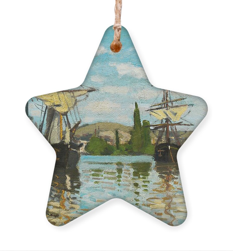 Claude Monet Ornament featuring the painting Ships Riding On The Seine At Rouen by Claude Monet