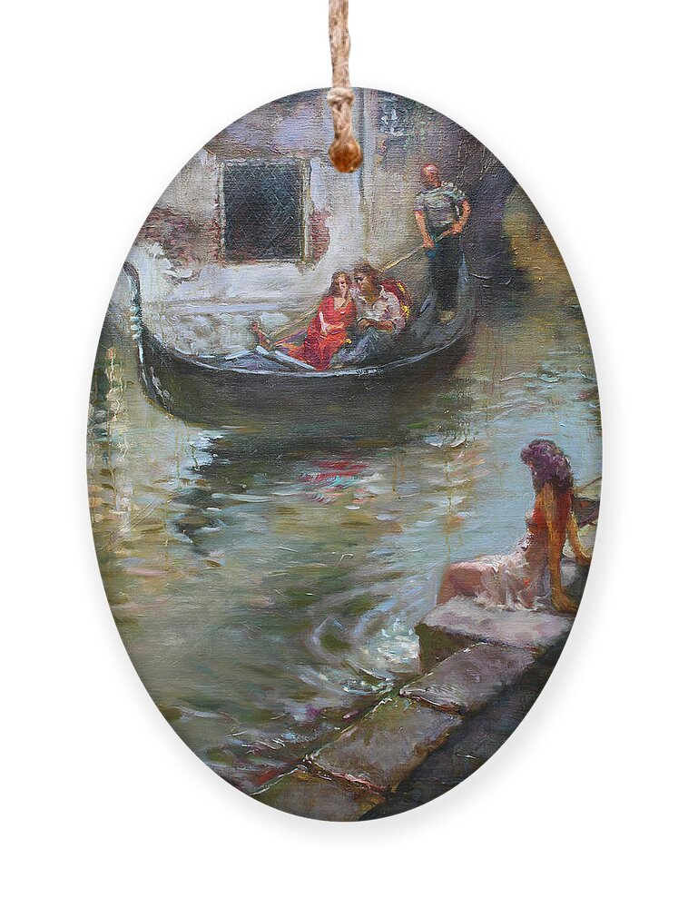 Romance Ornament featuring the painting Romance in Venice by Ylli Haruni