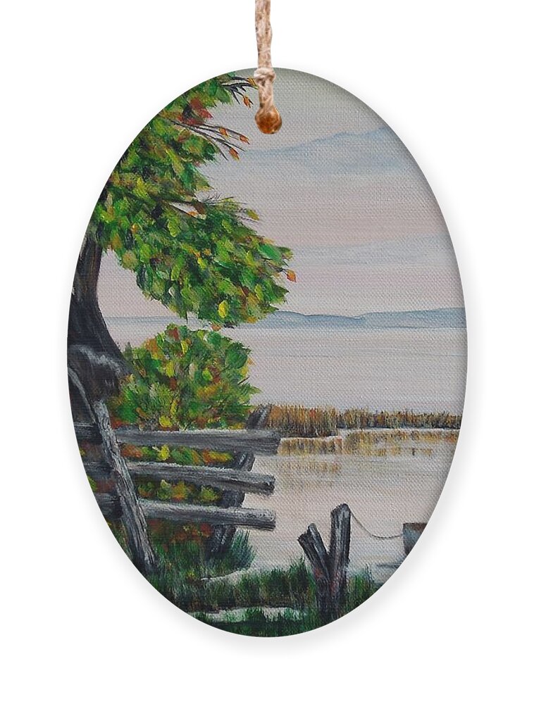 Canoe Ornament featuring the painting A boat waiting 2 by Marilyn McNish