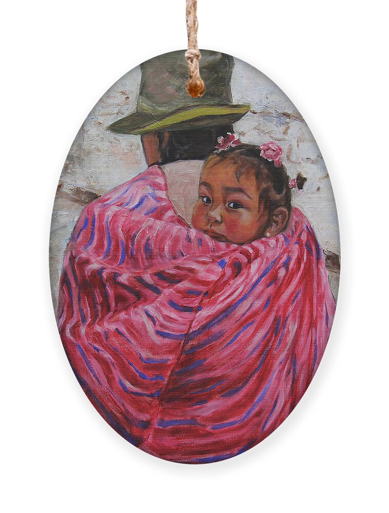 Portrait Ornament featuring the painting A Bundle Buggy Swaddle - Peru Impression III by Xueling Zou