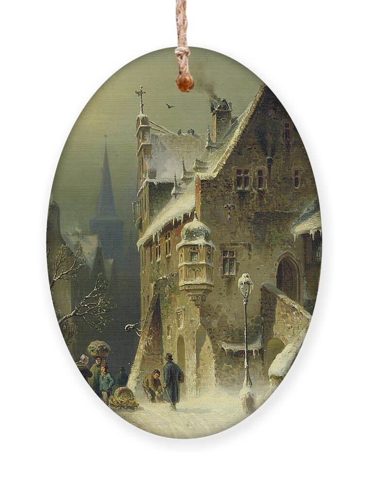 Schlieker Ornament featuring the painting A Small Town in the Rhine by August Schlieker