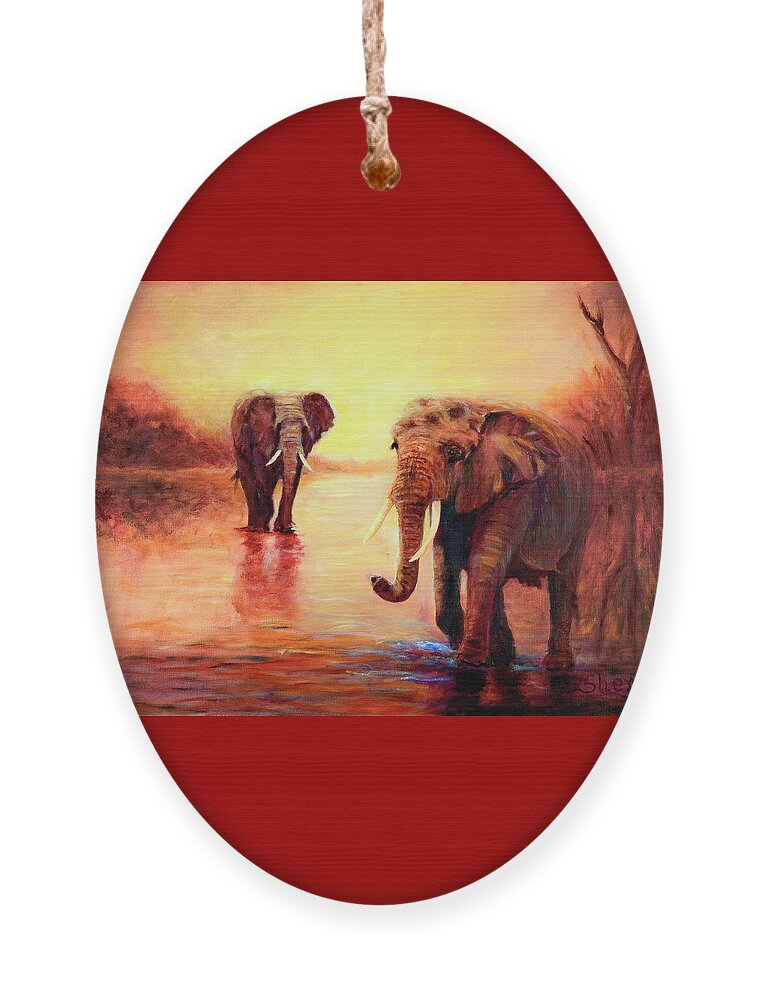 African Elephants Ornament featuring the painting African Elephants at Sunset in the Serengeti by Sher Nasser