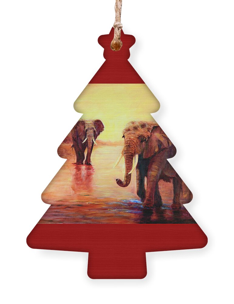African Elephants Ornament featuring the painting African Elephants at Sunset in the Serengeti by Sher Nasser