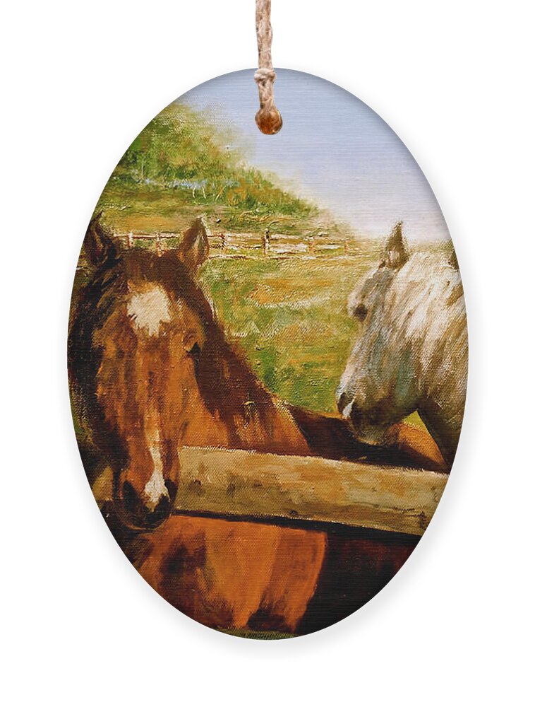 Horses Ornament featuring the painting Alberta Horse Farm by Sher Nasser