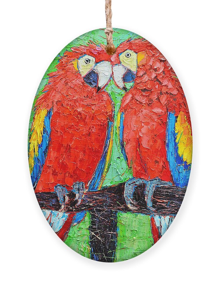 Parrots Ornament featuring the painting Ara Love A Moment Of Tenderness Between Two Scarlet Macaw Parrots by Ana Maria Edulescu