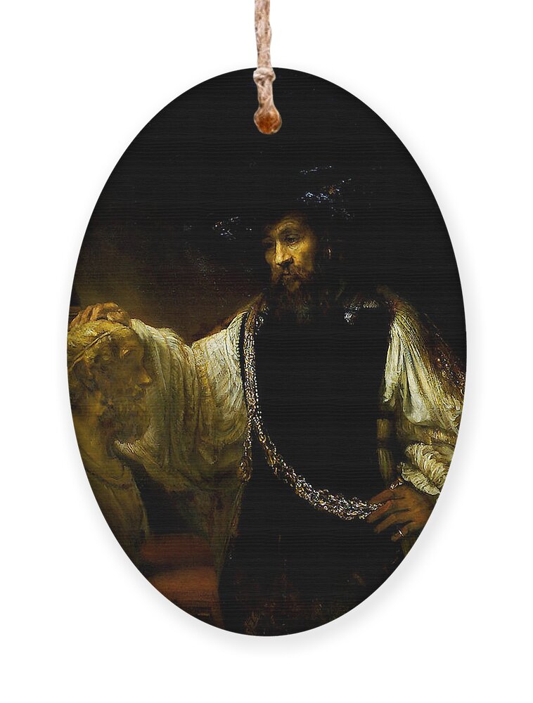 Aristotle Contemplating A Bust Of Homer Ornament featuring the painting Aristotle Contemplating a Bust of Homer by Rembrandt van Rijn