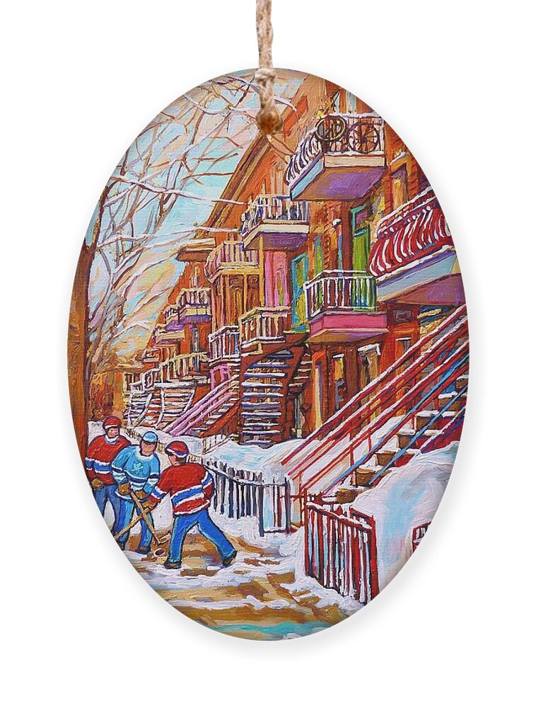 Montreal Ornament featuring the painting Art Of Montreal Staircases In Winter Street Hockey Game City Streetscenes By Carole Spandau by Carole Spandau