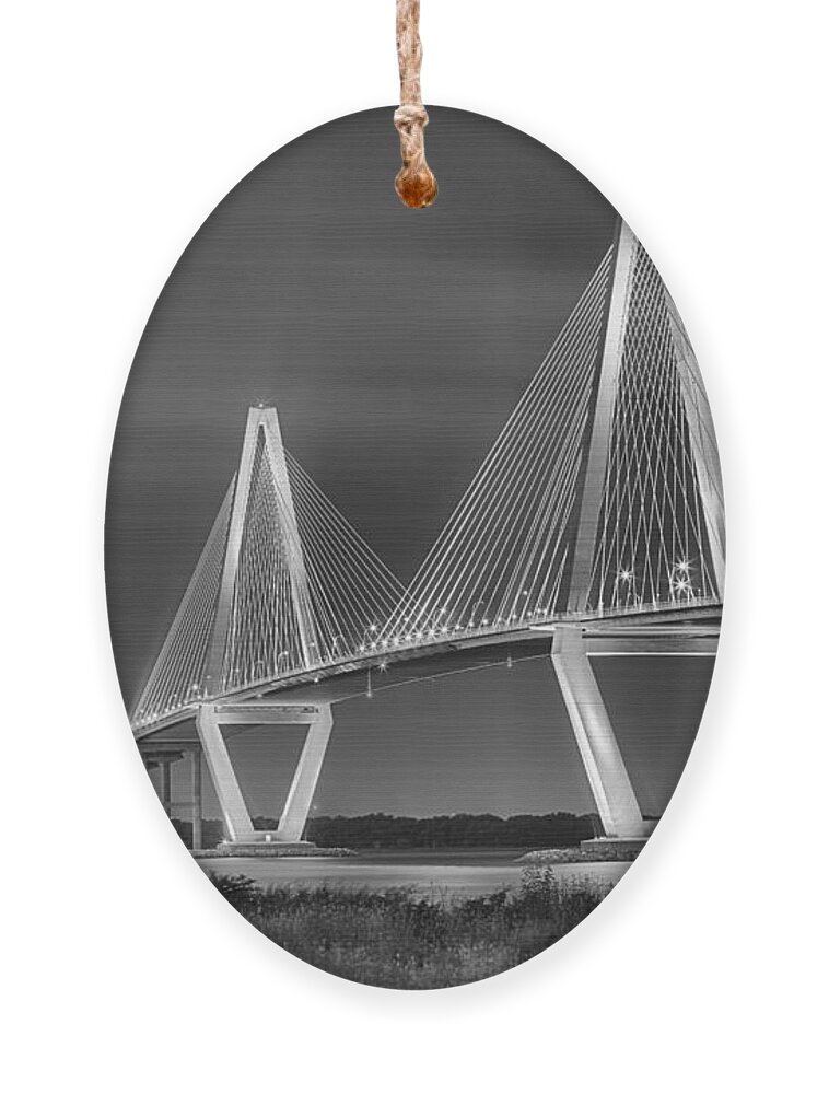 Ravenel Bridge Ornament featuring the photograph Arthur Ravenel Jr. Bridge In Black And White by Adam Jewell