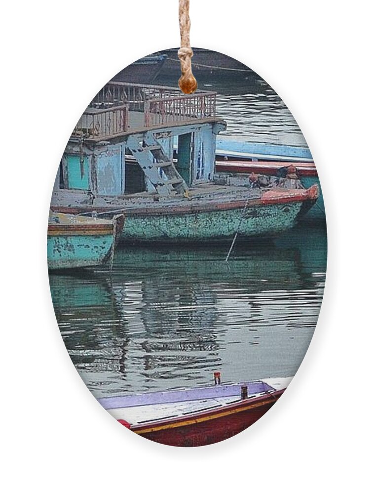 Varanasi Ornament featuring the photograph At the Docks II - Varanasi India by Kim Bemis