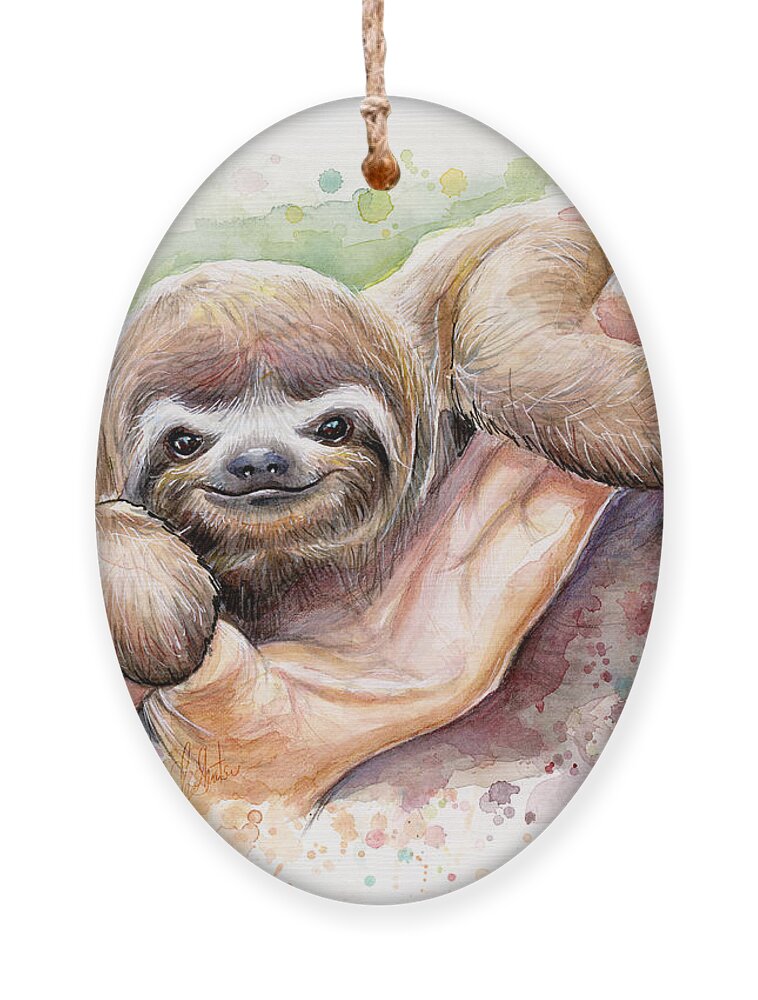 Sloth Ornament featuring the painting Baby Sloth Watercolor by Olga Shvartsur