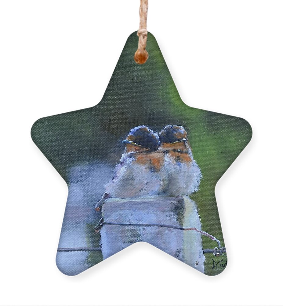 Swallow Ornament featuring the painting Baby Swallows on Post by Donna Tuten