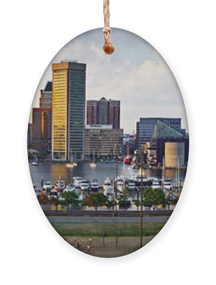 Baltimore Skyline Ornament featuring the photograph Baltimore Harbor Skyline Panorama by Susan Candelario