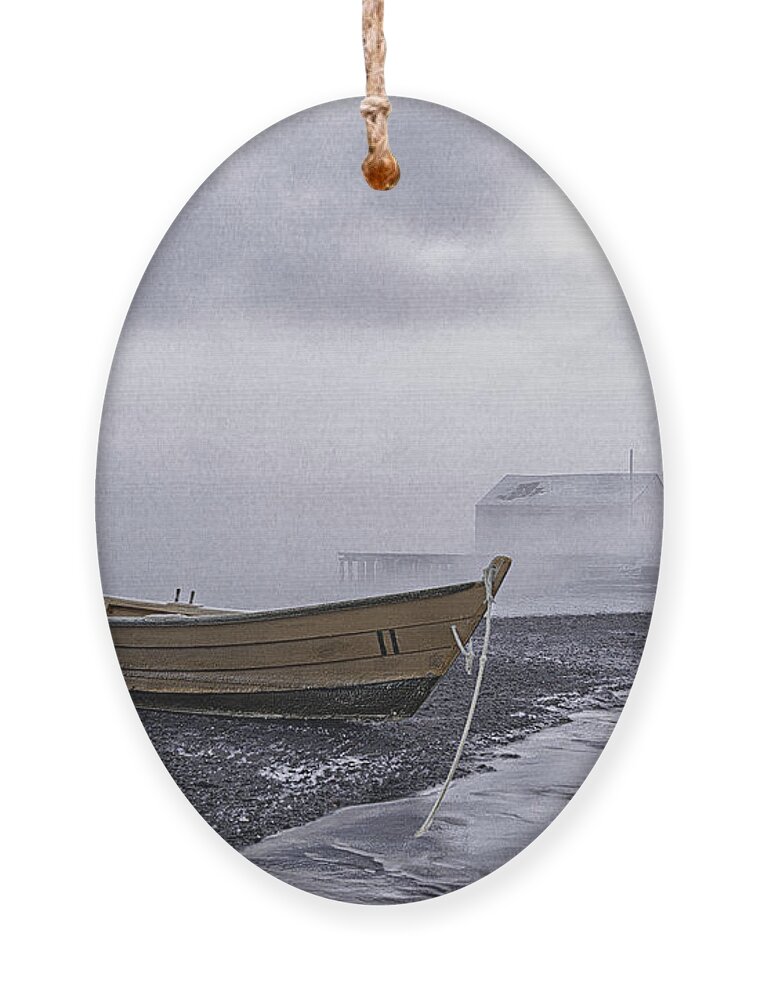 Beached Dory In Sub Zero Sea Smoke Ornament featuring the photograph Beached Dory In Sub Zero Sea Smoke by Marty Saccone