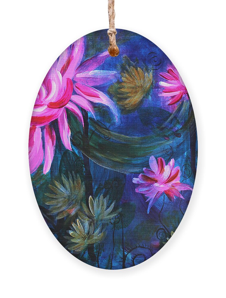 Pink Lotus Flower Ornament featuring the painting Beneath Dark Lotus Waters by Jaime Haney