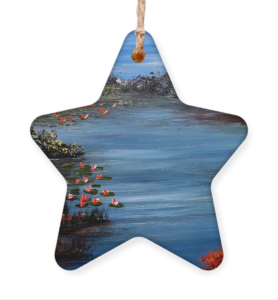 Paintingsbydarren Ornament featuring the painting Beyond the Bridge at Lily Pond by Darren Robinson