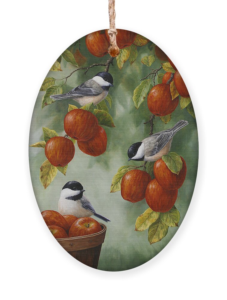 #faatoppicks Ornament featuring the painting Bird Painting - Apple Harvest Chickadees by Crista Forest